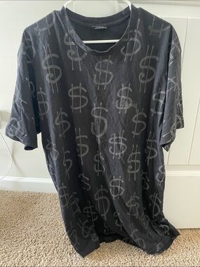 Stussy Black Short Sleeve Tee with Gray Dollar Sign Print